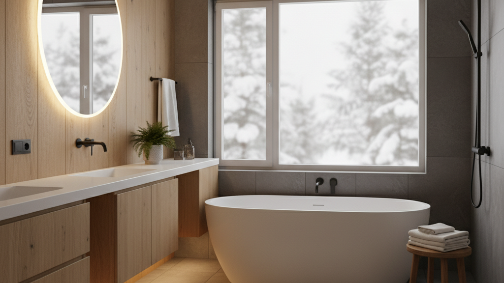 Newly remodeled bathroom in Carmel with warm lighting and winter landscape outside.