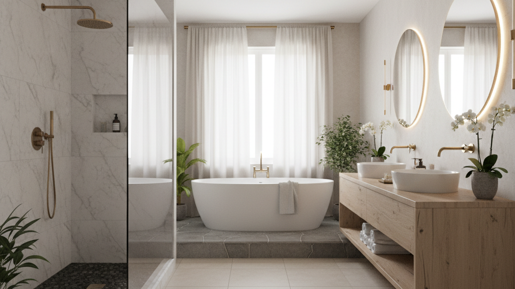 Renovated bathroom with tiled shower and modern vanity in a Carmel, Indiana home.