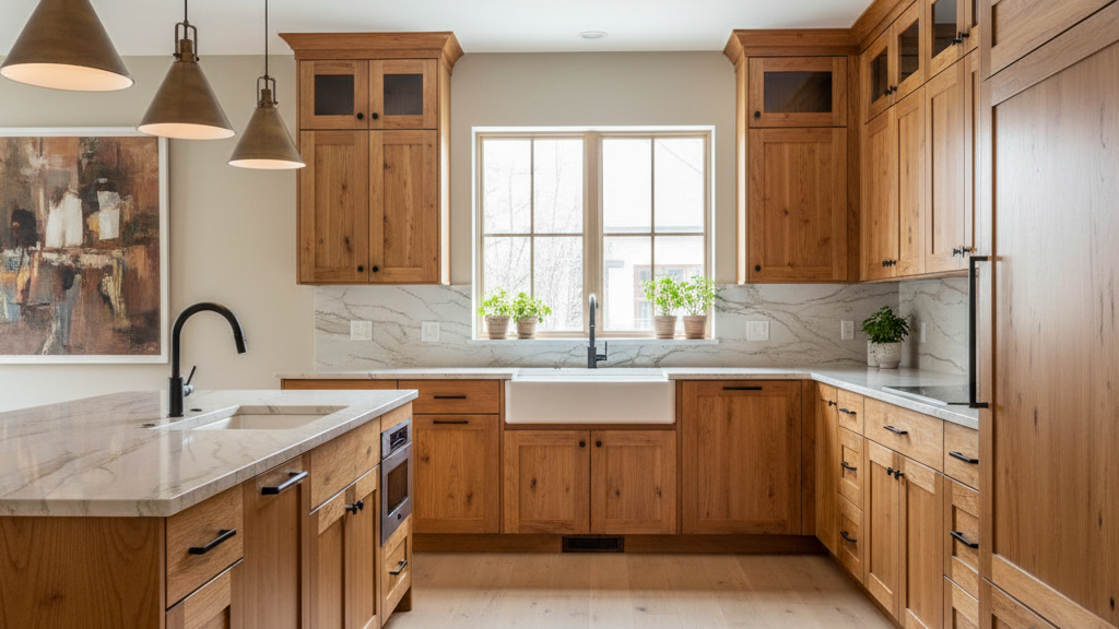 Warm and cozy kitchen design with wood cabinets and soft lighting in a Carmel, Indiana home.