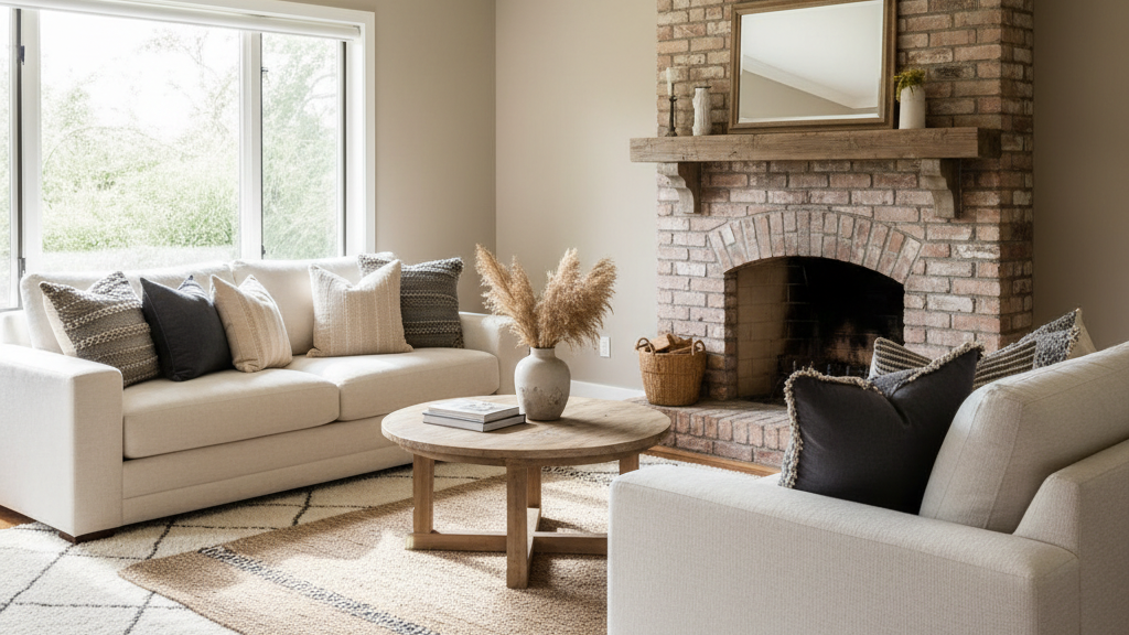Kitchen island and open shelving with soft under-cabinet lighting and natural accents.