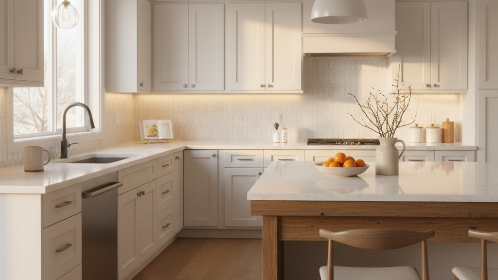 Updated kitchen in Carmel, Indiana with white cabinets and quartz countertops completed before the new year.