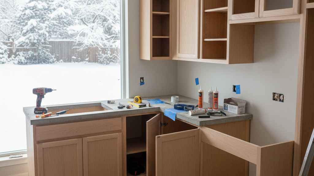 Kitchen under renovation during winter with cabinets being installed and snow visible outside.